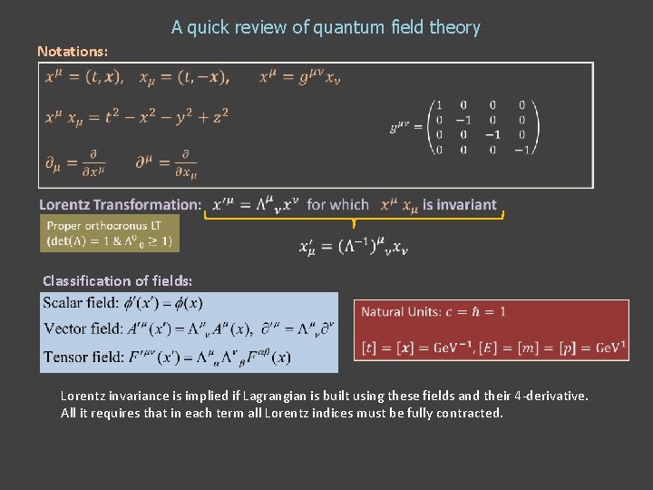 A quick review of quantum field theory Notations: Classification of fields: Lorentz invariance is