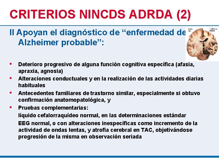 CRITERIOS NINCDS ADRDA (2) II Apoyan el diagnóstico de “enfermedad de Alzheimer probable”: •