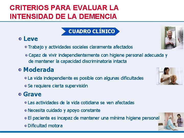 CRITERIOS PARA EVALUAR LA INTENSIDAD DE LA DEMENCIA CUADRO CLÍNICO Leve Trabajo y actividades