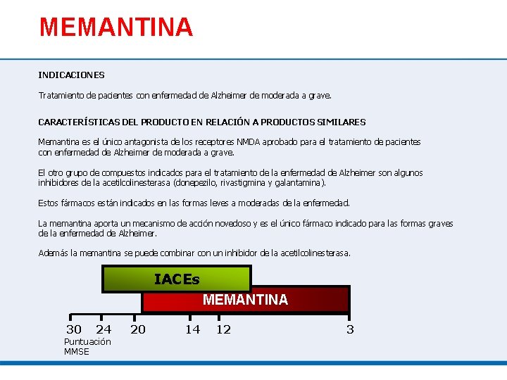 MEMANTINA INDICACIONES Tratamiento de pacientes con enfermedad de Alzheimer de moderada a grave. CARACTERÍSTICAS