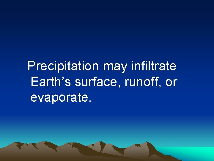 Precipitation may infiltrate Earth’s surface, runoff, or evaporate. 