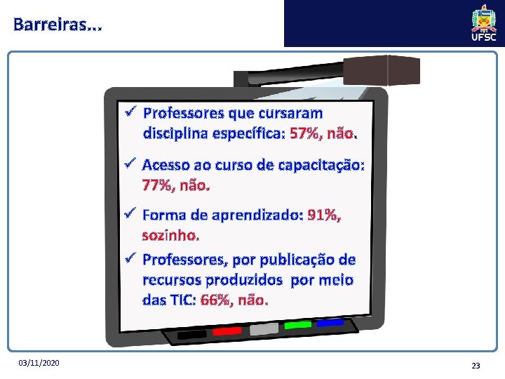 Barreiras. . . ü Professores que cursaram disciplina específica: 57%, não. ü Acesso ao Barreiras. . . ü Professores que cursaram disciplina específica: 57%, não. ü Acesso ao