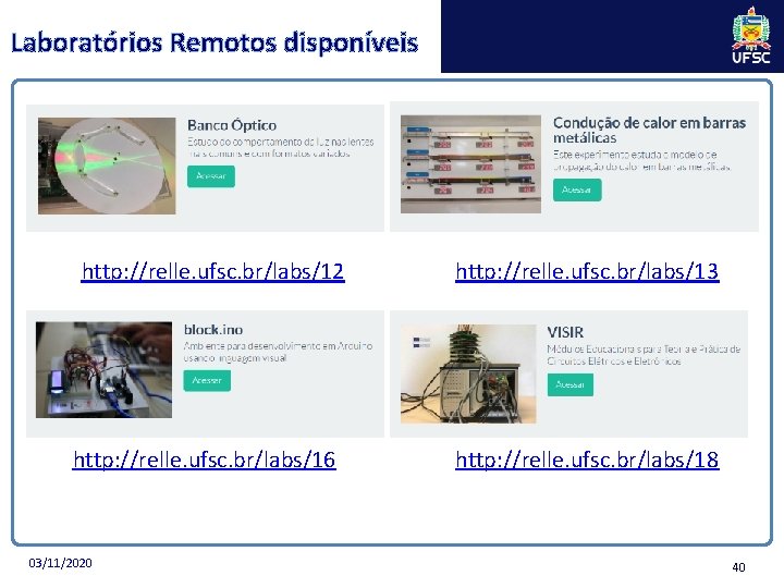 Laboratórios Remotos disponíveis http: //relle. ufsc. br/labs/12 http: //relle. ufsc. br/labs/16 03/11/2020 http: //relle.