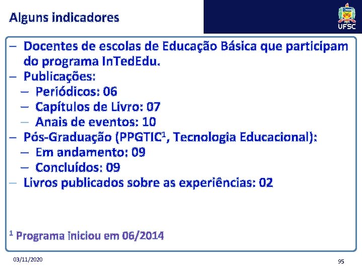 Alguns indicadores ─ Docentes de escolas de Educação Básica que participam do programa In.