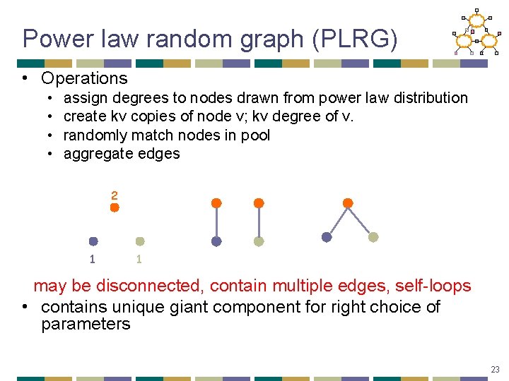 Power law random graph (PLRG) • Operations • • assign degrees to nodes drawn