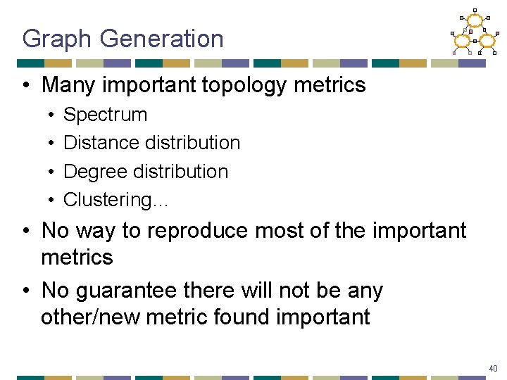 Graph Generation • Many important topology metrics • • Spectrum Distance distribution Degree distribution