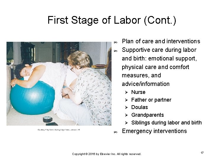 First Stage of Labor (Cont. ) Plan of care and interventions Supportive care during