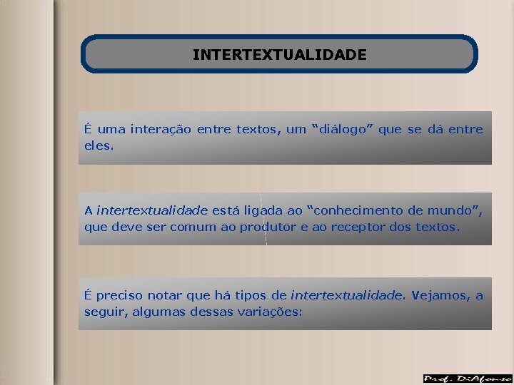 INTERTEXTUALIDADE É uma interação entre textos, um “diálogo” que se dá entre eles. A INTERTEXTUALIDADE É uma interação entre textos, um “diálogo” que se dá entre eles. A