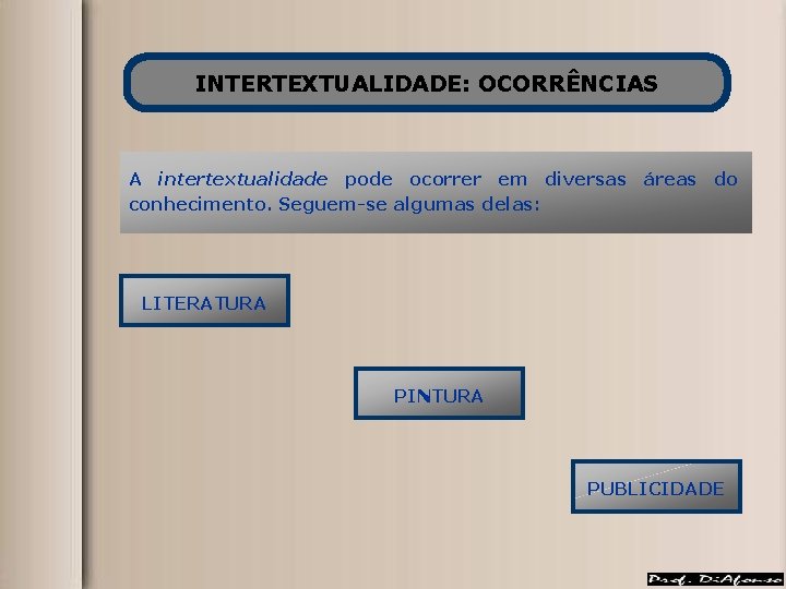 INTERTEXTUALIDADE: OCORRÊNCIAS A intertextualidade pode ocorrer em diversas áreas do conhecimento. Seguem-se algumas delas: INTERTEXTUALIDADE: OCORRÊNCIAS A intertextualidade pode ocorrer em diversas áreas do conhecimento. Seguem-se algumas delas: