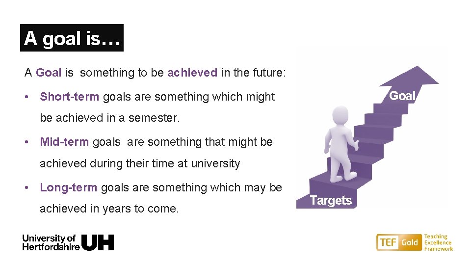 A goal is… A Goal is something to be achieved in the future: Goal