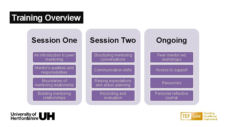 Training Overview Session One Session Two Ongoing An introduction to peer mentoring Structuring mentoring