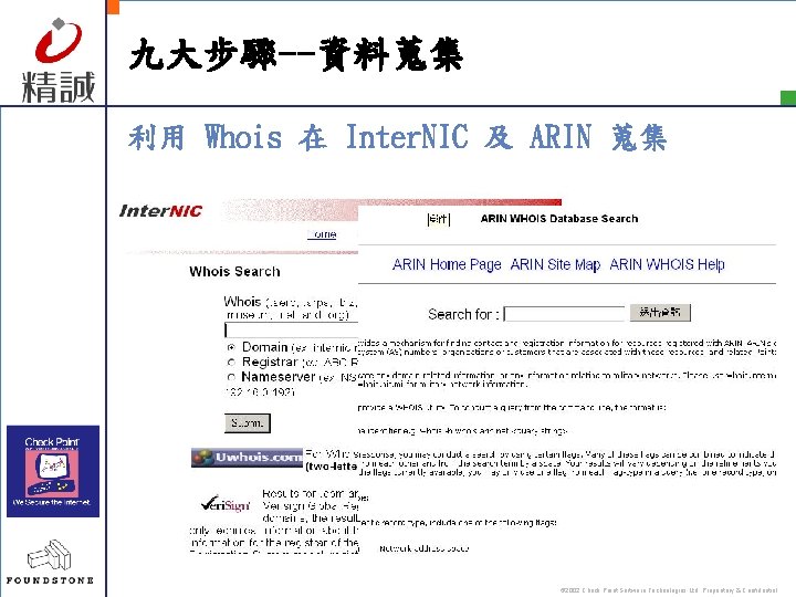 九大步驟--資料蒐集 利用 Whois 在 Inter. NIC 及 ARIN 蒐集 © 2002 Check Point Software