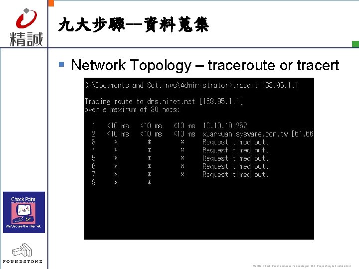 九大步驟--資料蒐集 § Network Topology – traceroute or tracert © 2002 Check Point Software Technologies