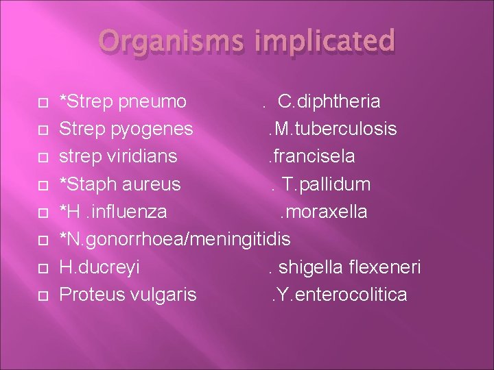 Organisms implicated *Strep pneumo . C. diphtheria Strep pyogenes . M. tuberculosis strep viridians