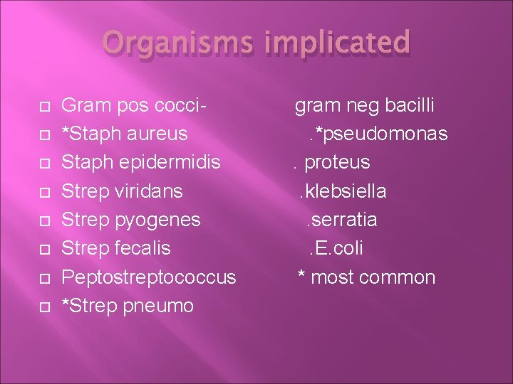 Organisms implicated Gram pos cocci- gram neg bacilli *Staph aureus . *pseudomonas Staph epidermidis