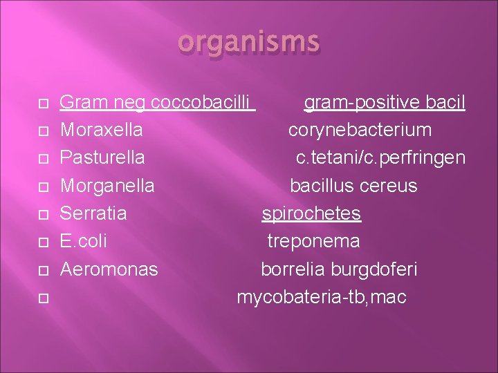 organisms Gram neg coccobacilli gram-positive bacil Moraxella corynebacterium Pasturella c. tetani/c. perfringen Morganella bacillus