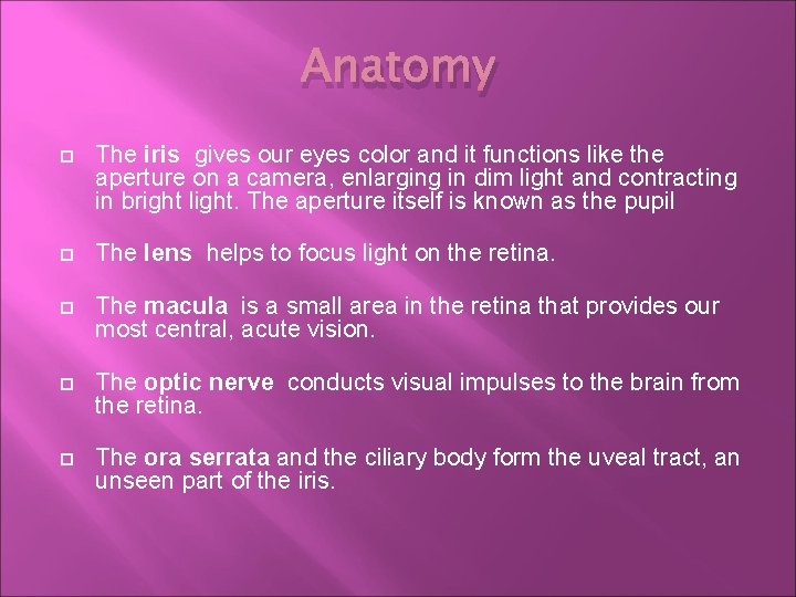 Anatomy The iris gives our eyes color and it functions like the aperture on