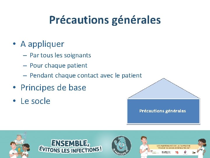 Précautions générales • A appliquer – Par tous les soignants – Pour chaque patient