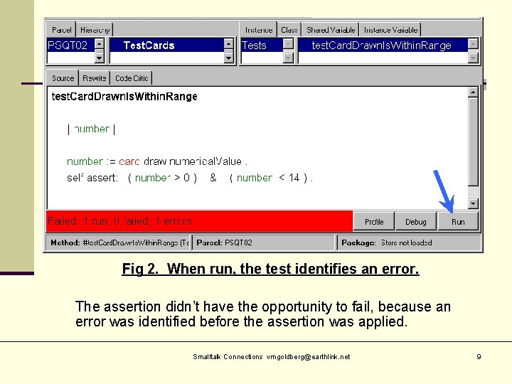 Fig 2. When run, the test identifies an error. The assertion didn’t have the