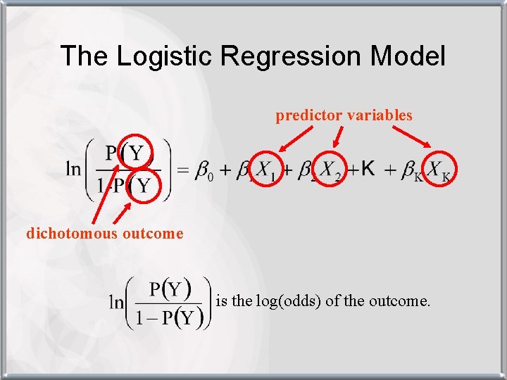 The Logistic Regression Model predictor variables dichotomous outcome is the log(odds) of the outcome.