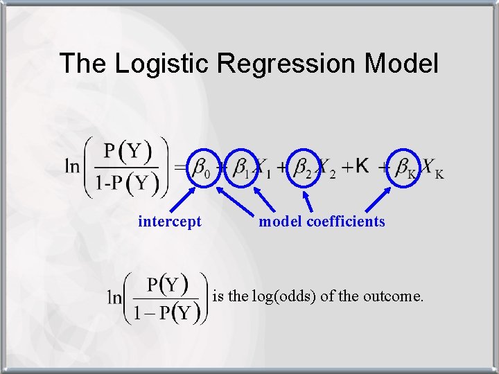 The Logistic Regression Model intercept model coefficients is the log(odds) of the outcome. 