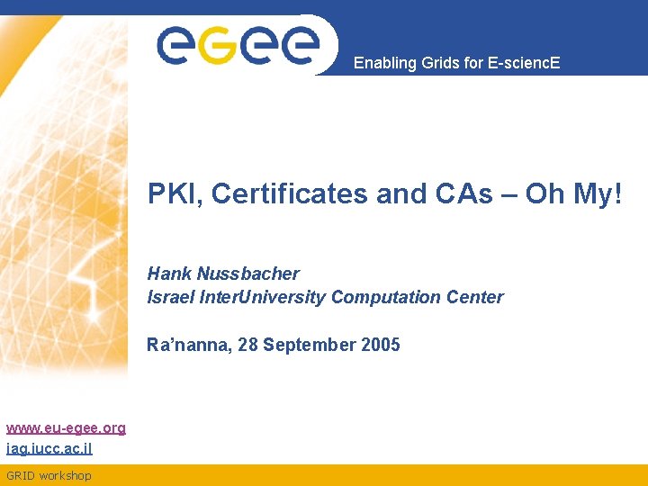 Enabling Grids for E-scienc. E PKI, Certificates and CAs – Oh My! Hank Nussbacher