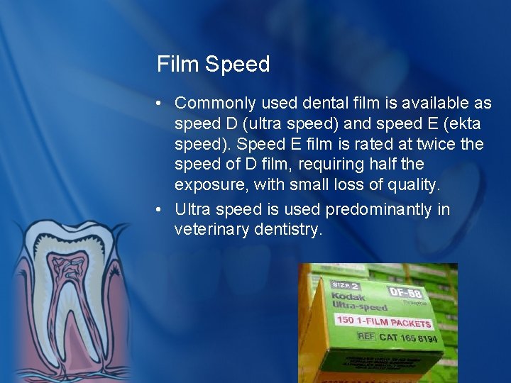 Film Speed • Commonly used dental film is available as speed D (ultra speed)