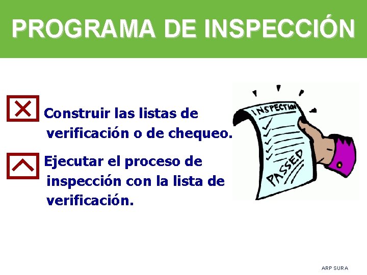 PROGRAMA DE INSPECCIÓN x Construir las listas de verificación o de chequeo. y Ejecutar