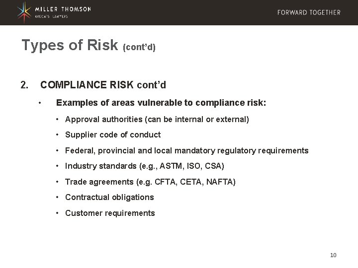 Types of Risk (cont’d) 2. COMPLIANCE RISK cont’d • Examples of areas vulnerable to