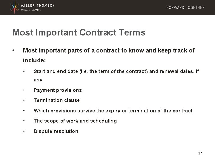 Most Important Contract Terms • Most important parts of a contract to know and