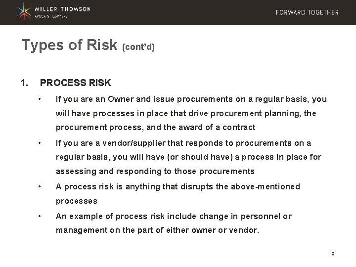 Types of Risk (cont’d) 1. PROCESS RISK • If you are an Owner and