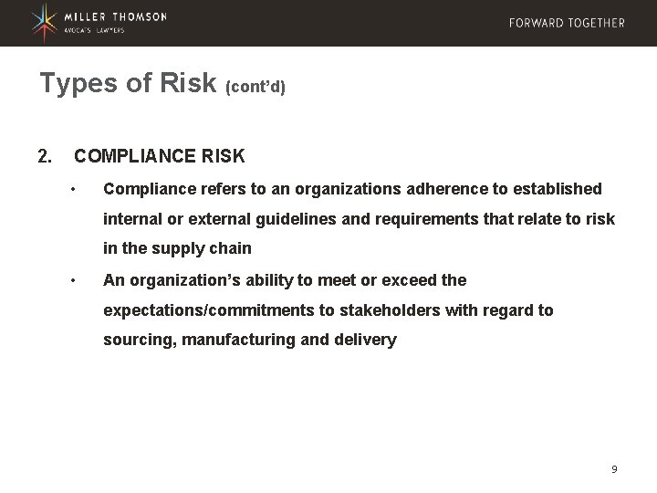 Types of Risk (cont’d) 2. COMPLIANCE RISK • Compliance refers to an organizations adherence