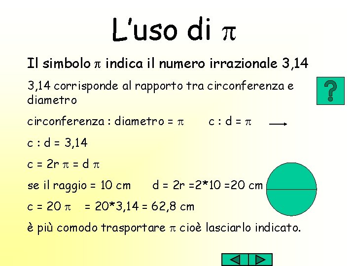 L’uso di Il simbolo indica il numero irrazionale 3, 14 corrisponde al rapporto tra