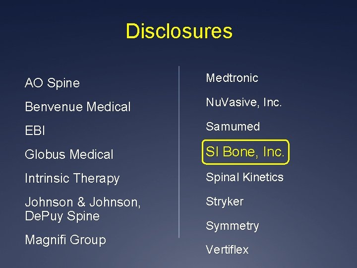 Disclosures AO Spine Medtronic Benvenue Medical Nu. Vasive, Inc. EBI Samumed Globus Medical SI