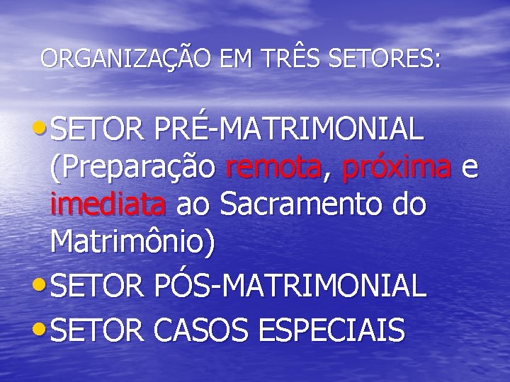 ORGANIZAÇÃO EM TRÊS SETORES: • SETOR PRÉ-MATRIMONIAL (Preparação remota, próxima e imediata ao Sacramento