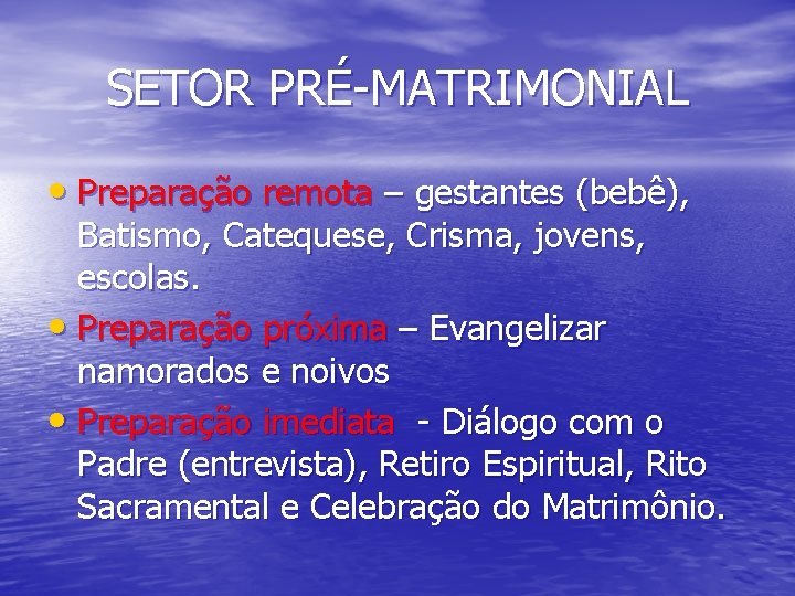 SETOR PRÉ-MATRIMONIAL • Preparação remota – gestantes (bebê), Batismo, Catequese, Crisma, jovens, escolas. •