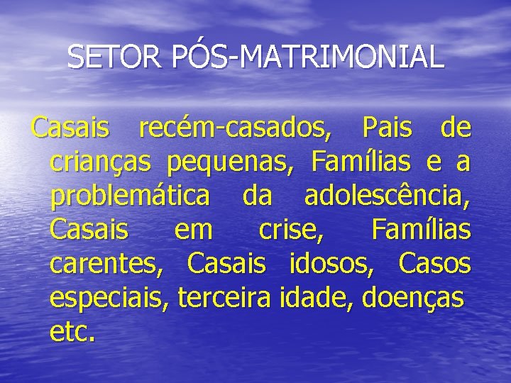 SETOR PÓS-MATRIMONIAL Casais recém-casados, Pais de crianças pequenas, Famílias e a problemática da adolescência,