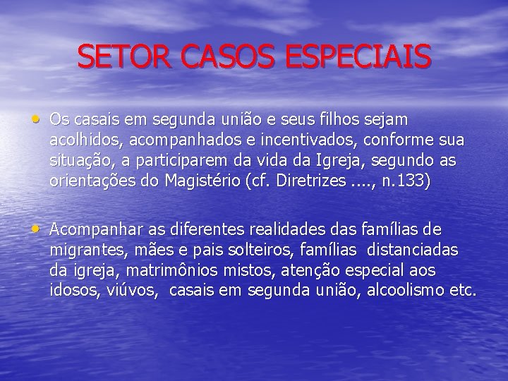 SETOR CASOS ESPECIAIS • Os casais em segunda união e seus filhos sejam acolhidos,