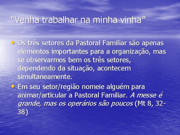 “Venha trabalhar na minha vinha” • Os três setores da Pastoral Familiar são apenas