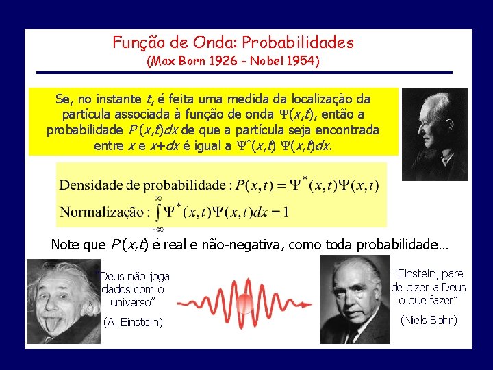 Função de Onda: Probabilidades (Max Born 1926 - Nobel 1954) Se, no instante t,