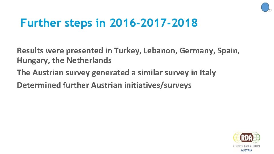 20 Further steps in 2016 -2017 -2018 Results were presented in Turkey, Lebanon, Germany,