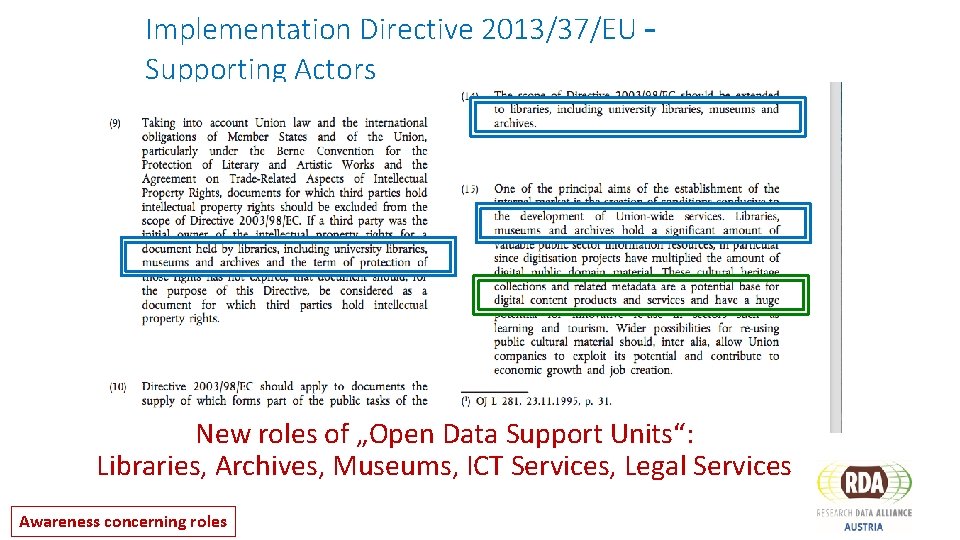 Implementation Directive 2013/37/EU – Supporting Actors New roles of „Open Data Support Units“: Libraries,