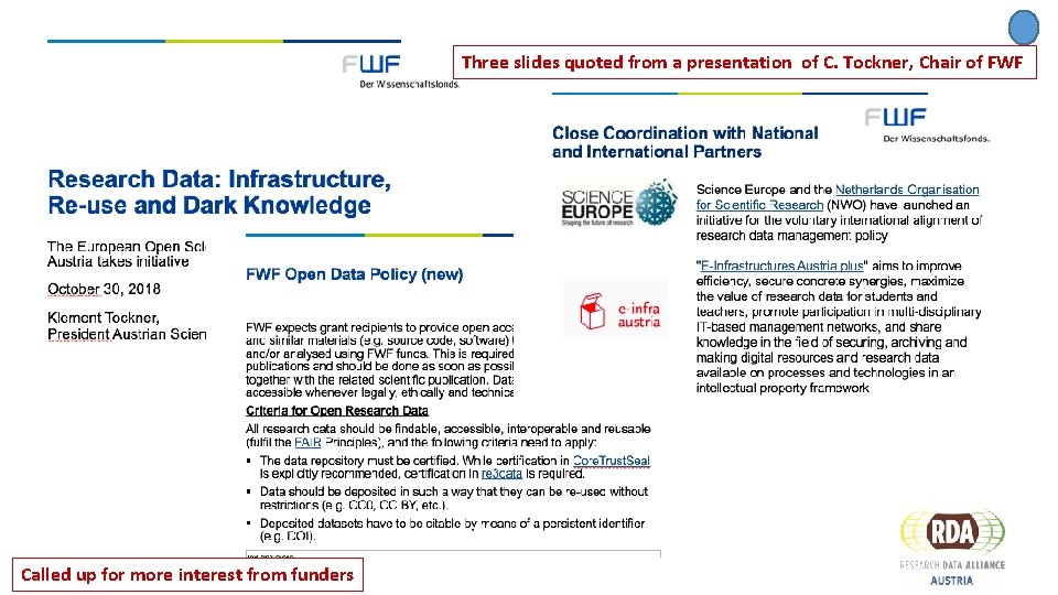 Three slides quoted from a presentation of C. Tockner, Chair of FWF Called up