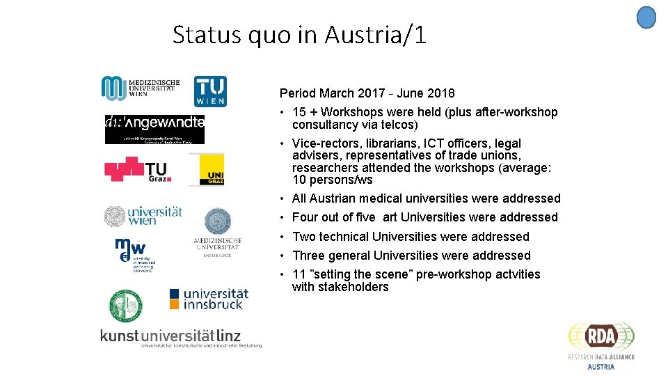 Status quo in Austria/1 Period March 2017 – June 2018 • 15 + Workshops