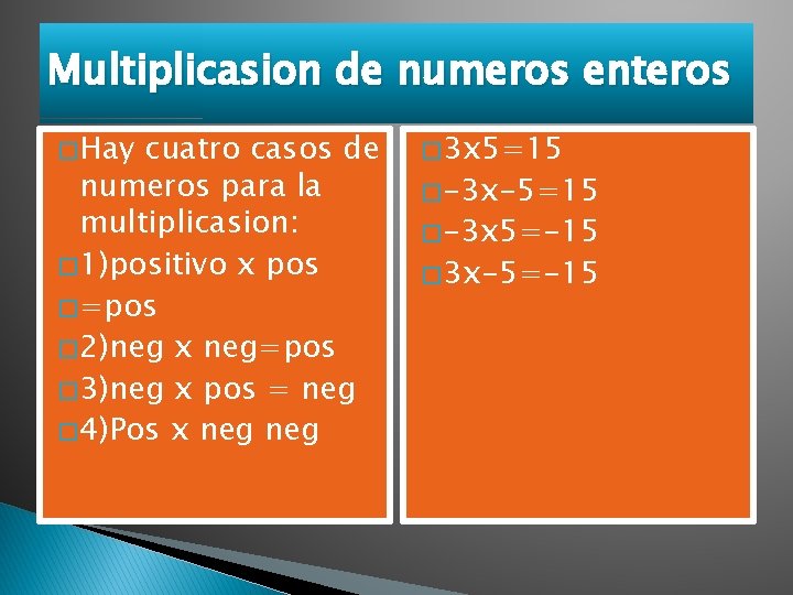 Multiplicasion de numeros enteros � Hay cuatro casos de numeros para la multiplicasion: �