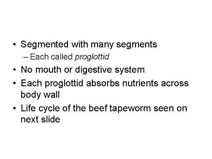  • Segmented with many segments – Each called proglottid • No mouth or