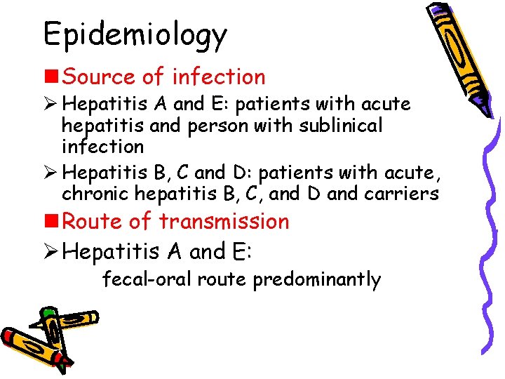 Epidemiology n Source of infection Ø Hepatitis A and E: patients with acute hepatitis