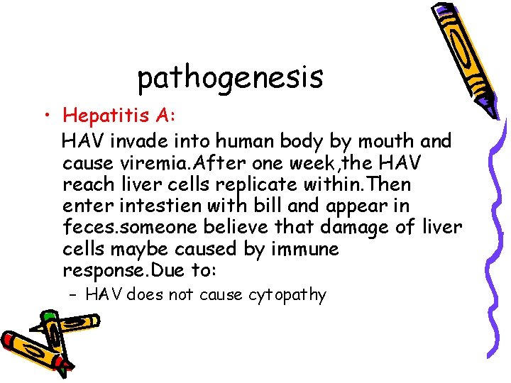 pathogenesis • Hepatitis A: HAV invade into human body by mouth and cause viremia.