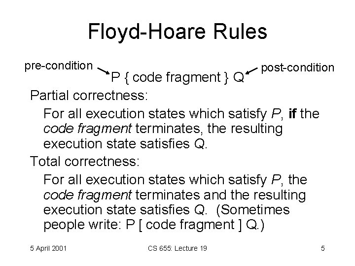 Floyd-Hoare Rules pre-condition post-condition P { code fragment } Q Partial correctness: For all