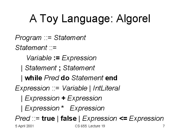 A Toy Language: Algorel Program : : = Statement : : = Variable :